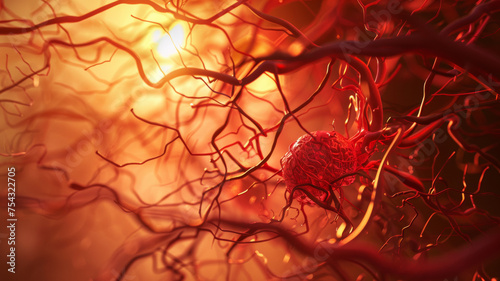 A vivid 3D illustration of a blood clot within a network of arteries.