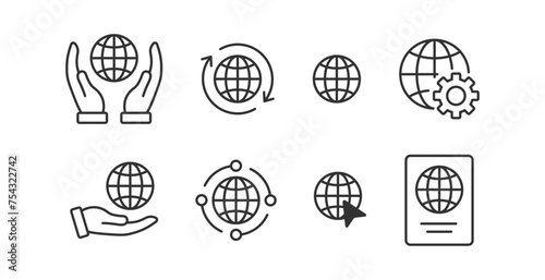 World globe icon. Earth planet sign. Network click, passport. Web global with gear element. Hand hold a world.