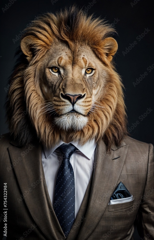 Lion dressed in an elegant and modern suit with a nice tie. Fashion portrait of an anthropomorphic animal, shooted in a charismatic human attitude - Generative AI Lion dressed in an elegant and modern suit with a nice tie. Fashion portrait of an anthropomorphic animal, shooted in a charismatic human attitude - Generative AI