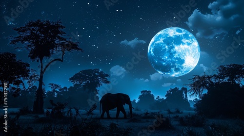 Under the glow of a full moon an elephant stands in the clearing of a rainforest its silhouette a majestic sight against the luminous sky