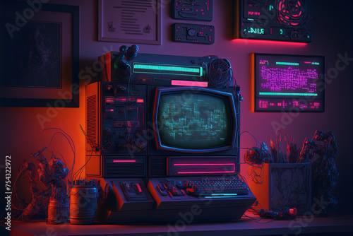 Generative AI, Computer on the table in cyberpunk style, nostalgic 80s, 90s. Neon night lights vibrant colors, photorealistic horizontal illustration of the futuristic interior. Technology concept.