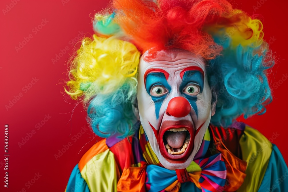 A clown with exaggerated makeup and a colorful wig, making a funny face