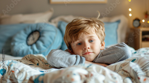 A boy 3-5 years old does not want to sleep, lies wrapped in a blanket and contentedly watches