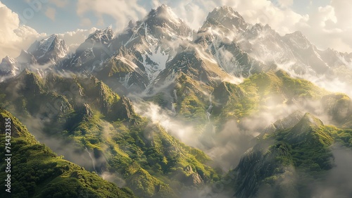 Majestic mountain landscape with sharp peaks and lush green valleys under clear skies
