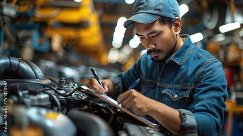 Automobile mechanic man writing to the clipboard checking car damage broken part condition. diagnostic and repairing vehicle at garage automotive.