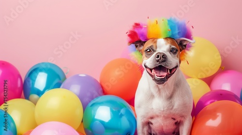 A dog dressed as a clown, complete with a rainbow wig and a red nose © Daunhijauxx