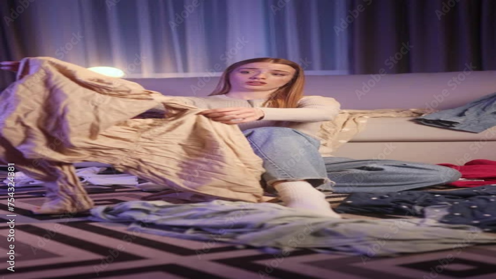 Vertical video of stressed blond young woman sitting on clothes trying to pick select date outfit but nothing to wear while remember about fashion app website or internet online store at home at night Vertical video of stressed blond young woman sitting on clothes trying to pick select date outfit but nothing to wear while remember about fashion app website or internet online store at home at night