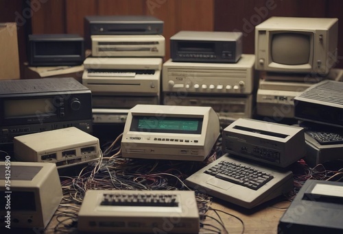 pile of old unused computers and vintage CRT monitors photo