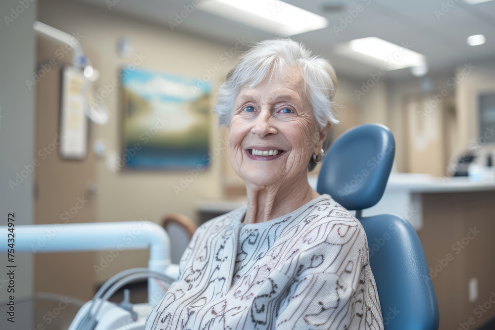 Obraz premium Portrait of happy senior woman waiting for doctor for having checkup in a modern medical office equipped with advanced technology, ergonomic furniture, and soothing artwork adorning the walls