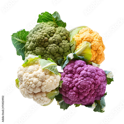 Colorful cauliflower cabbages on transparent background 