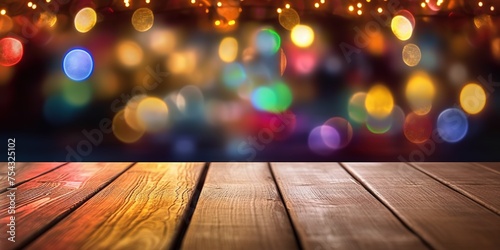 Generative AI, Empty wooden table top with blurred lights bokeh background.