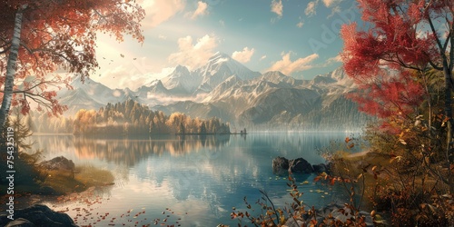 Panoramic Sunny Forest eith lake in Autumn
