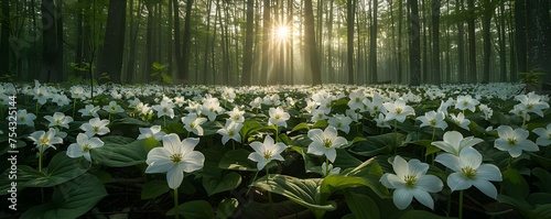 The forest floor becomes a canvas of white trilliums their pristine petals creating a carpet of floral beauty in the heart of the woods. Concept Nature, Wildlife, Beauty, Forest, Flowers