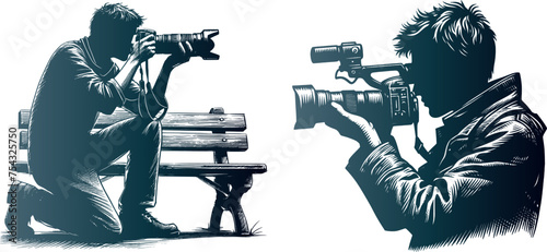 Photographer and Cemera man pencil sketch art silhouette style vector design