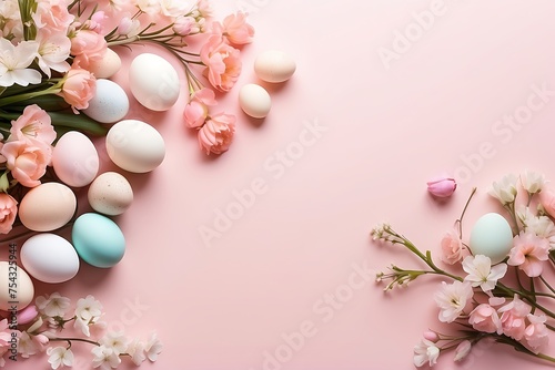 Easter wreath with eggs and flowers on pink background  top view