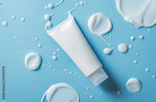White cream tube mockup on blue background with scattered drops. Flat lay of hydro alcoholic gel with bottle. Top view of hands holding hydro alcoholic gel bottle