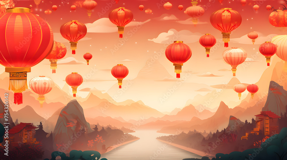 Beautiful landscape with hot air balloons flying in the sky. Vector illustration. Beautiful landscape with hot air balloons flying in the sky. Vector illustration.
