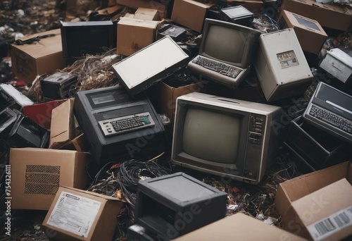 pile of old unused computers and vintage CRT monitors