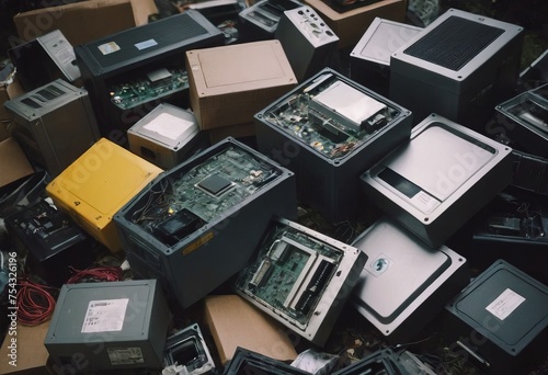 pile of old unused computers and vintage CRT monitors © Алексей Ковалев