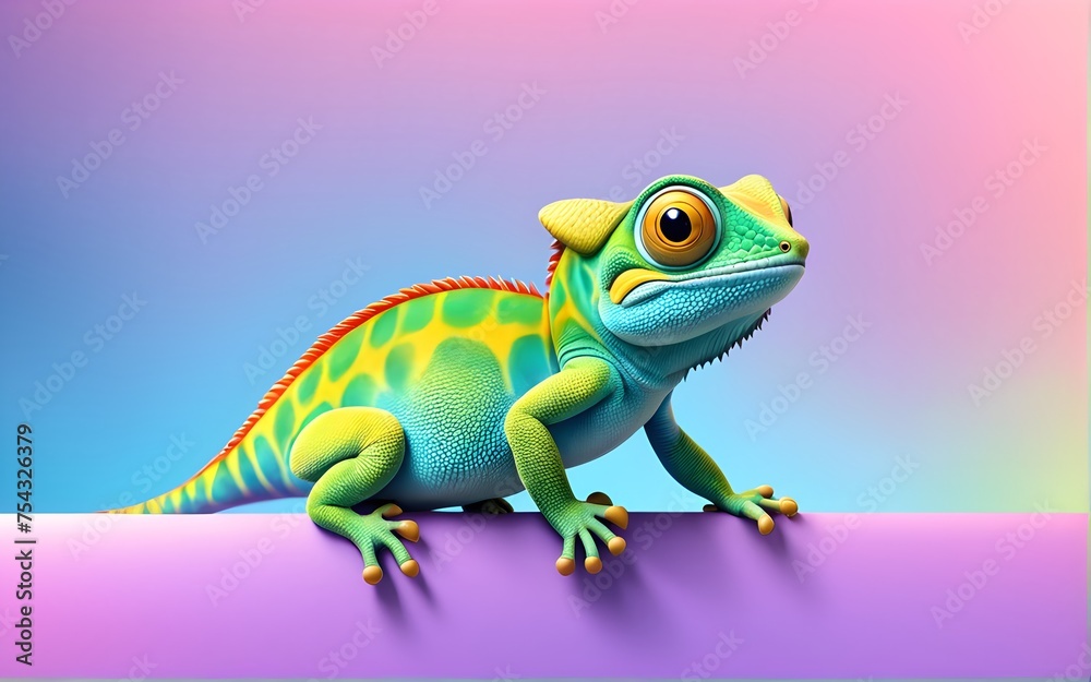 Obraz premium Cute Cartoon Chameleon Character Banner Solid Gradient Background