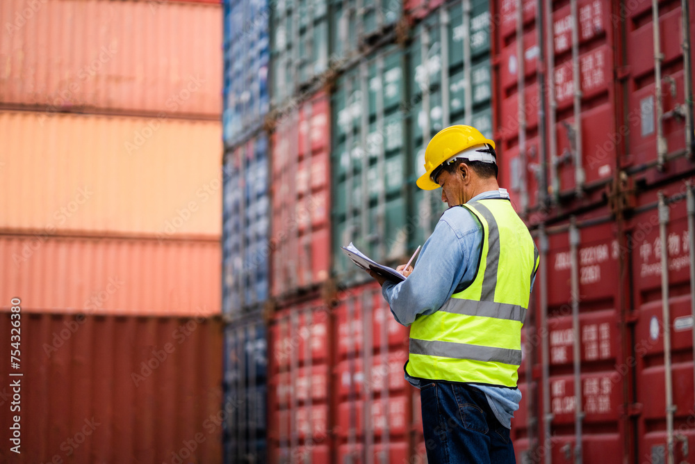 A man in a yellow vest is writing on a clipboard in front of a large stack of red containers A man in a yellow vest is writing on a clipboard in front of a large stack of red containers