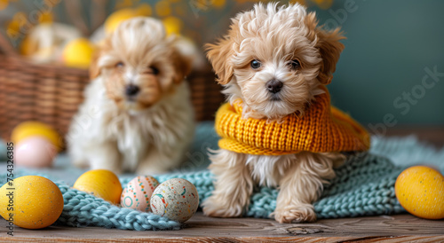 Beautiful dog against the background of Easter eggs in a cozy atmosphere. Happy Easter. © KDdesignphoto