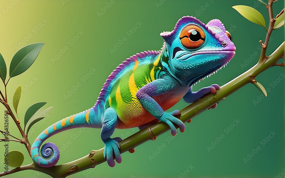 Fototapeta premium Cute Cartoon Style Chameleon Character On Olive Branch Banner Solid Gradient