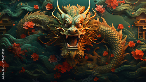 Dragon and flower background,3d rendering. Computer digital drawing.