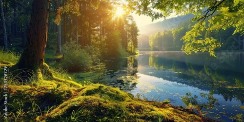 serene lake surrounded by lush greenery  with reflections of trees
