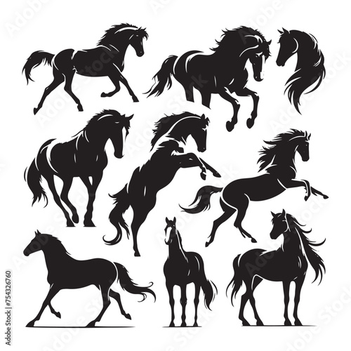 Equestrian Elegance: Vector Horse Silhouette Collection for Equine Designs, Equestrian Illustrations, and Western-themed Artwork. Black Horse vector.