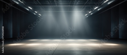 A dark room is illuminated by a bright light coming from the ceiling, casting light spots on the modern exhibition interior.
