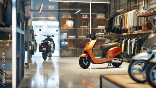 Sleek orange scooter stands ready for a ride in a stylish modern urban showroom.