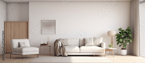 A minimalist living room featuring a white couch and chair, with a door visible in the background. The simple design and neutral color scheme create a clean and inviting atmosphere.