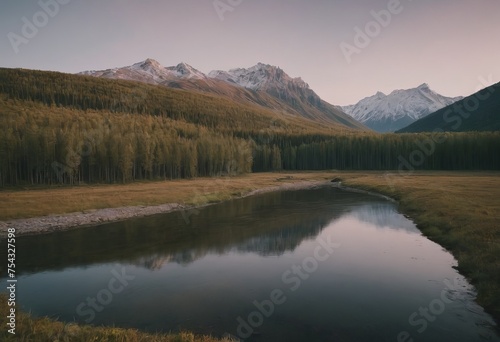 landscape with mountains, forest and a river in front. beautiful scenery