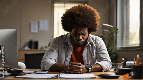 A tired young businessman using a desktop computer, an exhausted unhappy man in the office feeling sleepy or stressed at the end of the working day