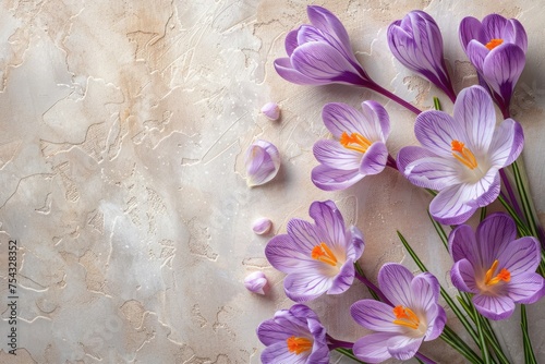 Crocus flowers in bloom on a textured backdrop, exuding elegance and spring vibes. Copy space photo