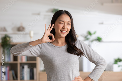 Cheerful young woman winking and gesturing the OK sign with her hand, expressing satisfaction and fun