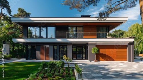 modern contemporary home with cedar paneling flat roof picture windows blue sky and lush green landscaping,single family home built with sustainable materials and energy-efficient features photo