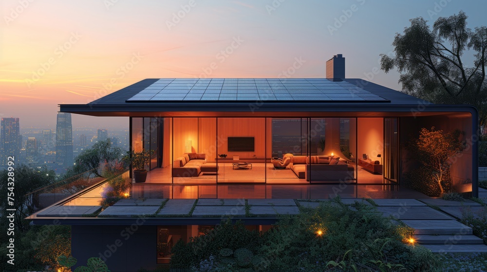 Eco-Friendly Homes with Solar Panels at Sunset