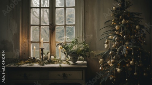 Generative AI  Garden in winter and Christmas home decoration  muted colors  holiday photorealistic aesthetic background.