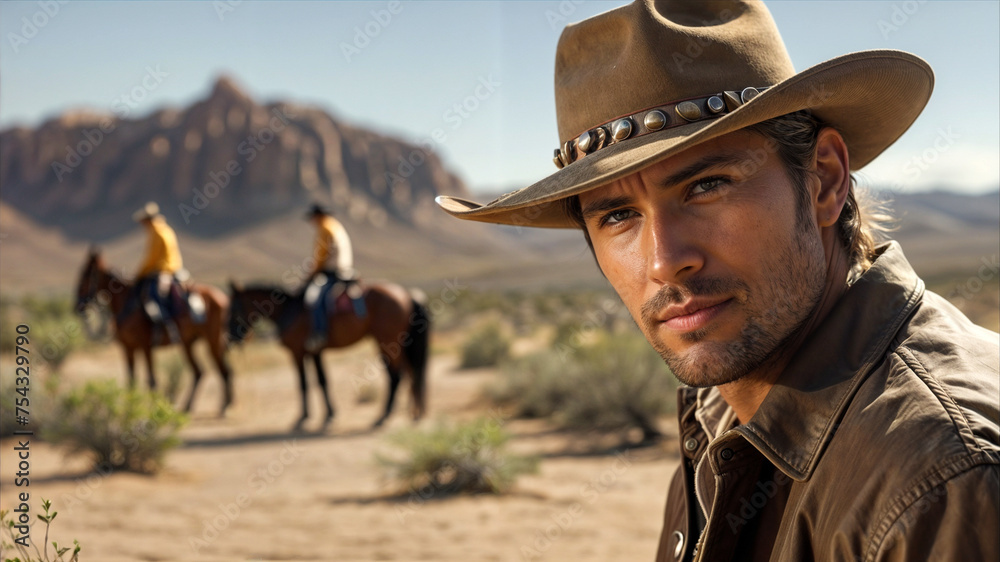 A cowboy in a brown hat and jacket stands in front of a desert landscape, with two men on horses in the background A cowboy in a brown hat and jacket stands in front of a desert landscape, with two men on horses in the background
