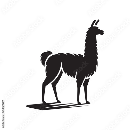 South American Serenity: Vector Llama Silhouette Collection for Andean Designs, Wildlife Illustrations, and Nature-themed Artwork. Black vector llama.