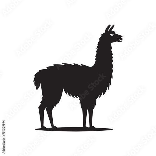 South American Serenity: Vector Llama Silhouette Collection for Andean Designs, Wildlife Illustrations, and Nature-themed Artwork. Black vector llama.