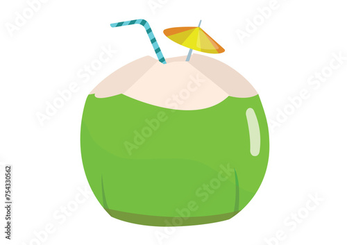 Young coconut drink with straw and umbrella. a drink usually enjoyed on the beach. Isolated on a white background. Funny vector illustration.