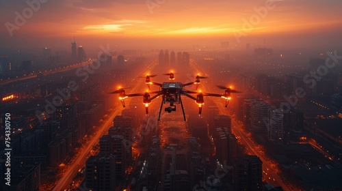 Drone Pilot Monitoring Construction Site at Sunset