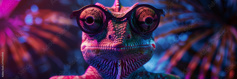 Chameleon with Sunglasses in Neon Lights