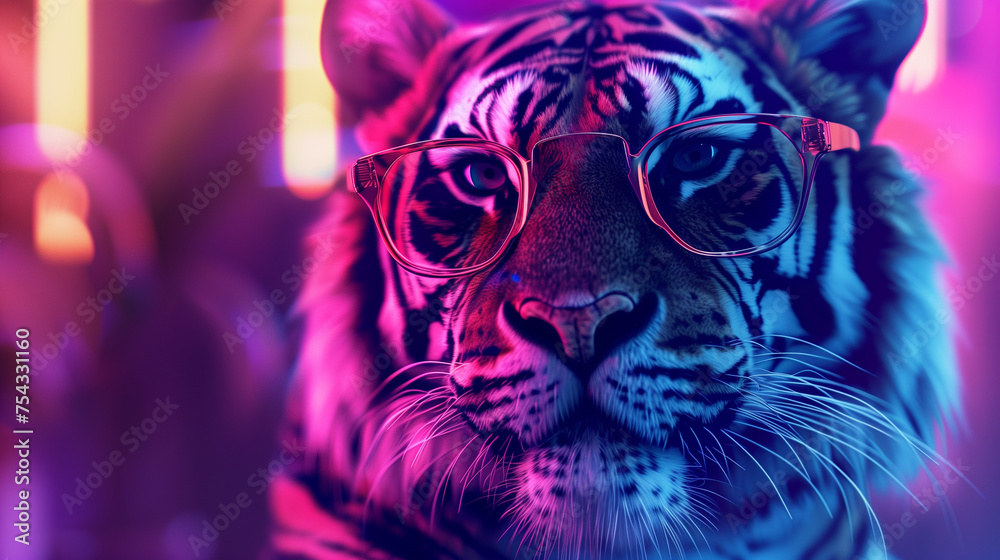 Hipster Tiger with Glasses on Colored Neon Background