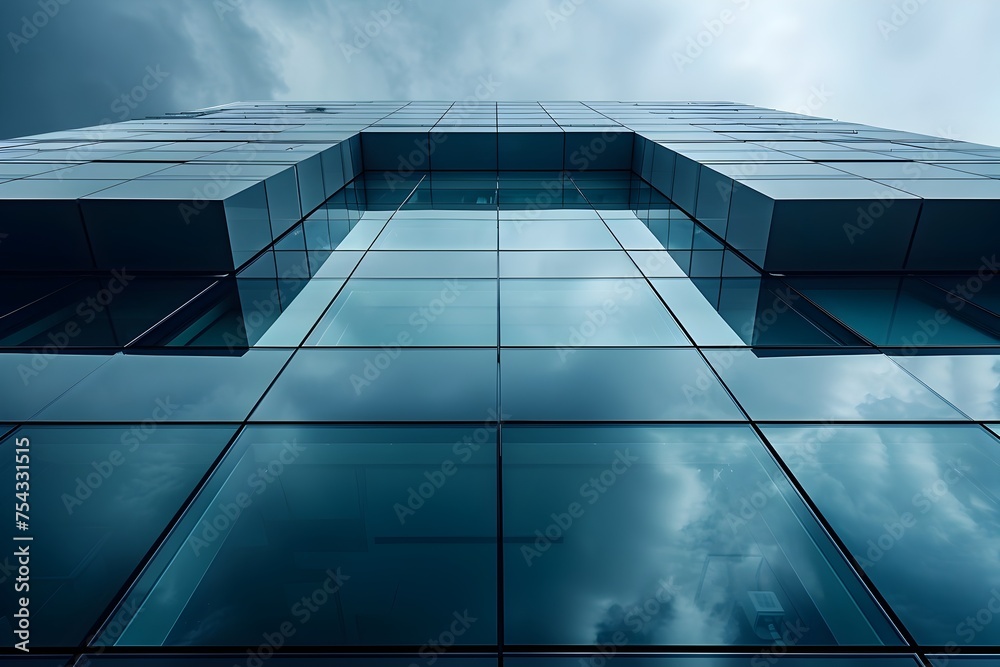 Glass and Sky An Ominous View, To convey a sense of urban atmosphere and mood, with a focus on architectural design and the use of glass as a Glass and Sky An Ominous View, To convey a sense of urban atmosphere and mood, with a focus on architectural design and the use of glass as a