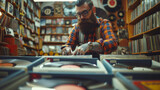 hipster man with beard and plaid shirt and suspenders, playing vinyl records in a vintage record store