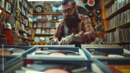 hipster man with beard and plaid shirt and suspenders, playing vinyl records in a vintage record store photo